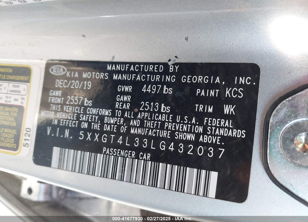 2020 KIA OPTIMA LX VIN: 5XXGT4L33LG432037