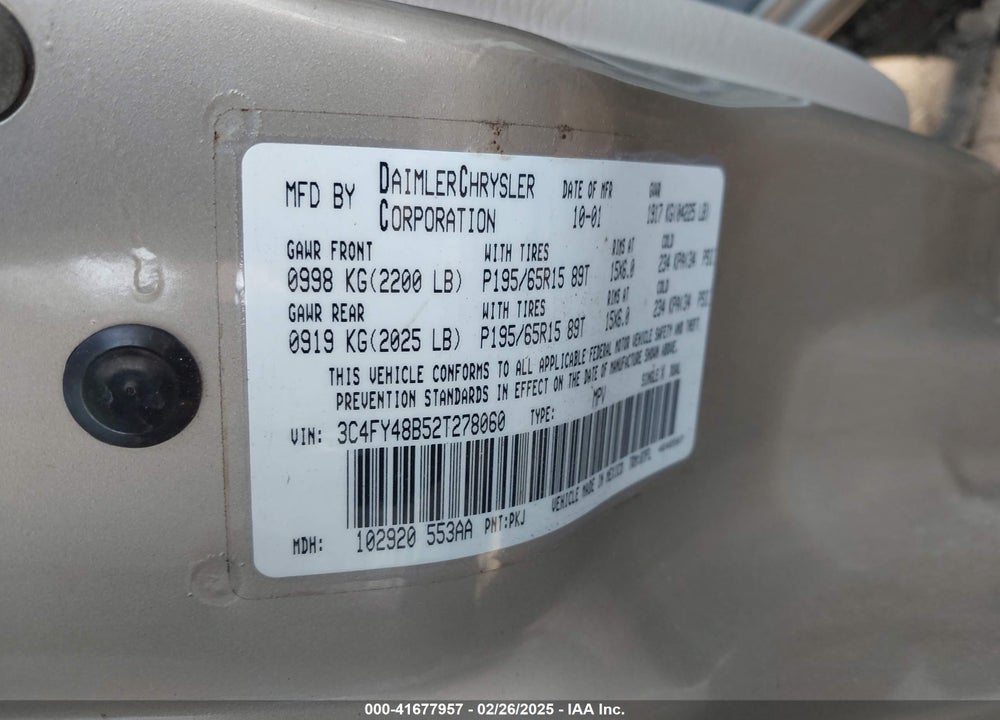 2002 CHRYSLER PT CRUISER VIN: 3C4FY48B52T278060