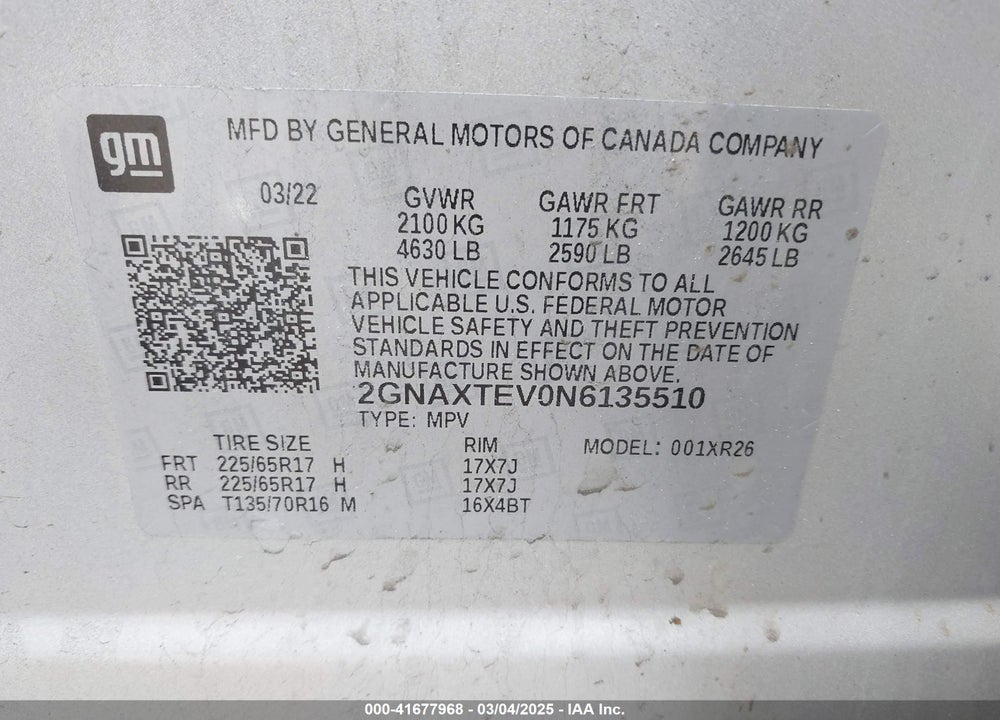 2022 CHEVROLET EQUINOX VIN: 2GNAXTEV0N6135510