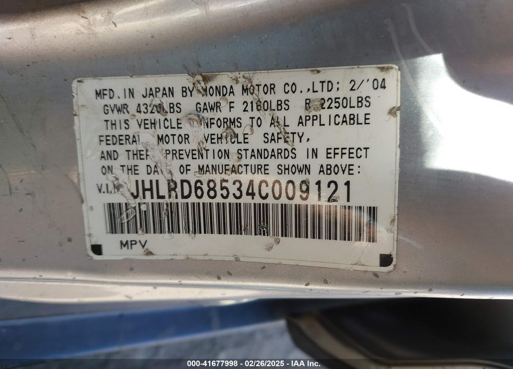 2004 HONDA CR-V LX VIN: JHLRD68534C009121