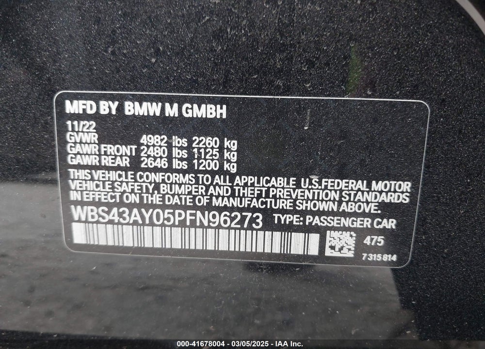 2023 BMW M3 VIN: WBS43AY05PFN96273