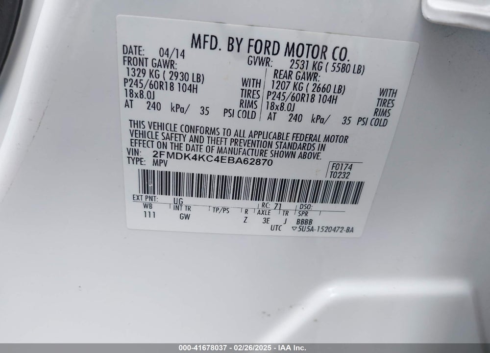 2014 FORD EDGE LIMITED VIN: 2FMDK4KC4EBA62870
