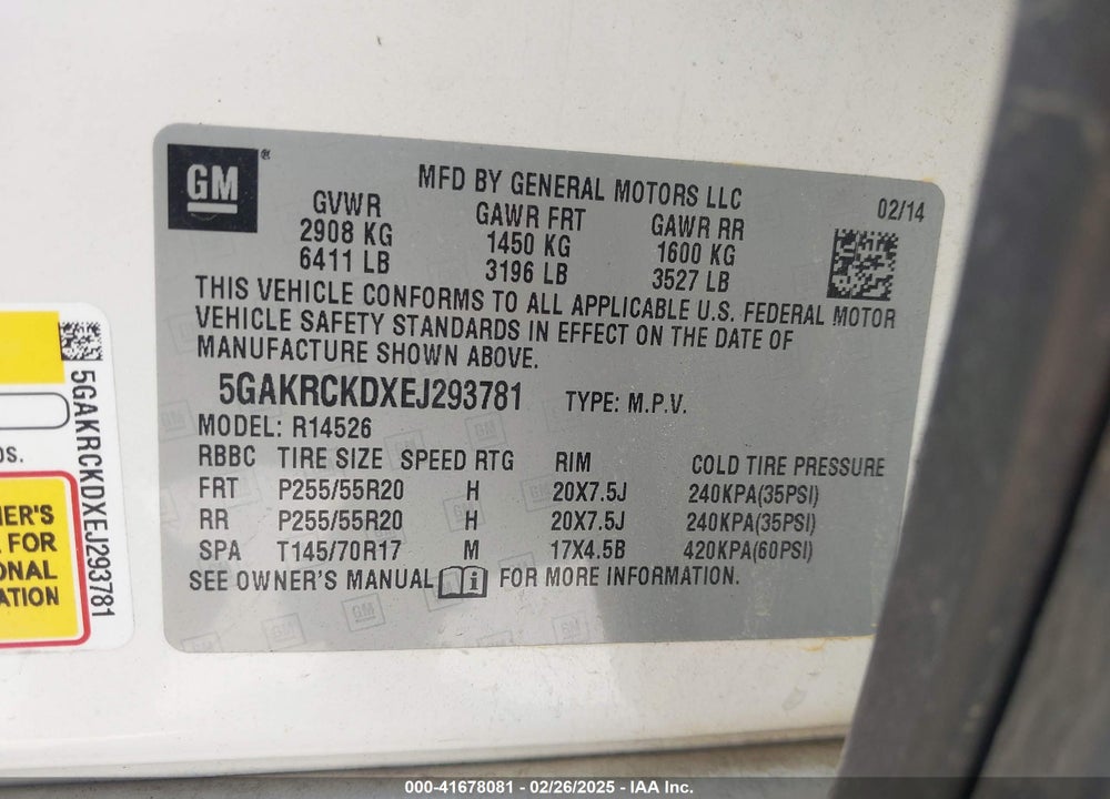 2014 BUICK ENCLAVE PREMIUM VIN: 5GAKRCKDXEJ293781