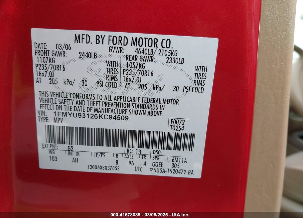 2006 FORD ESCAPE XLT/XLT SPORT VIN: 1FMYU93126KC94509