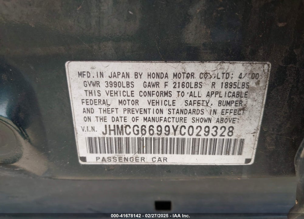 2000 HONDA ACCORD 2.3 SE VIN: JHMCG6699YC029328