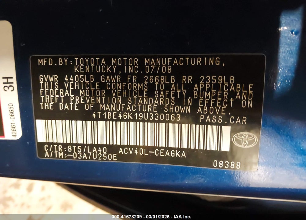 2009 TOYOTA CAMRY XLE VIN: 4T1BE46K19U330063