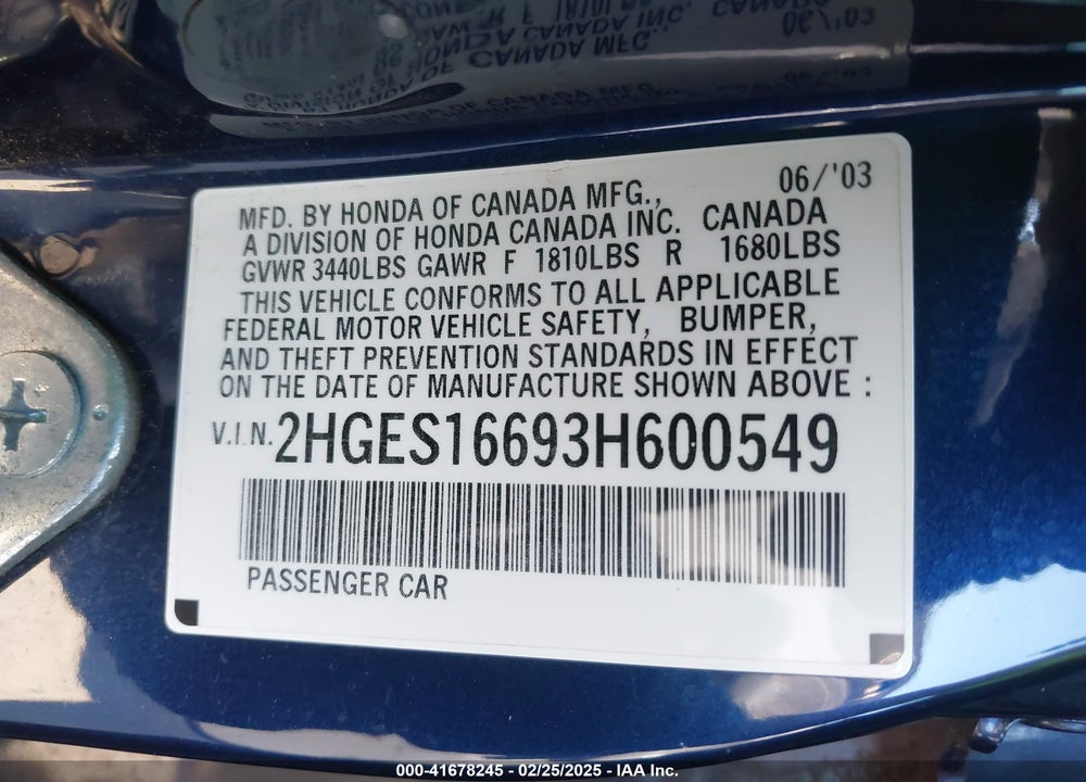 2003 HONDA CIVIC LX VIN: 2HGES16693H600549
