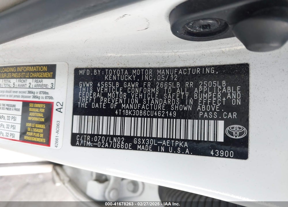 2012 TOYOTA AVALON LIMITED VIN: 4T1BK3DB6CU462149