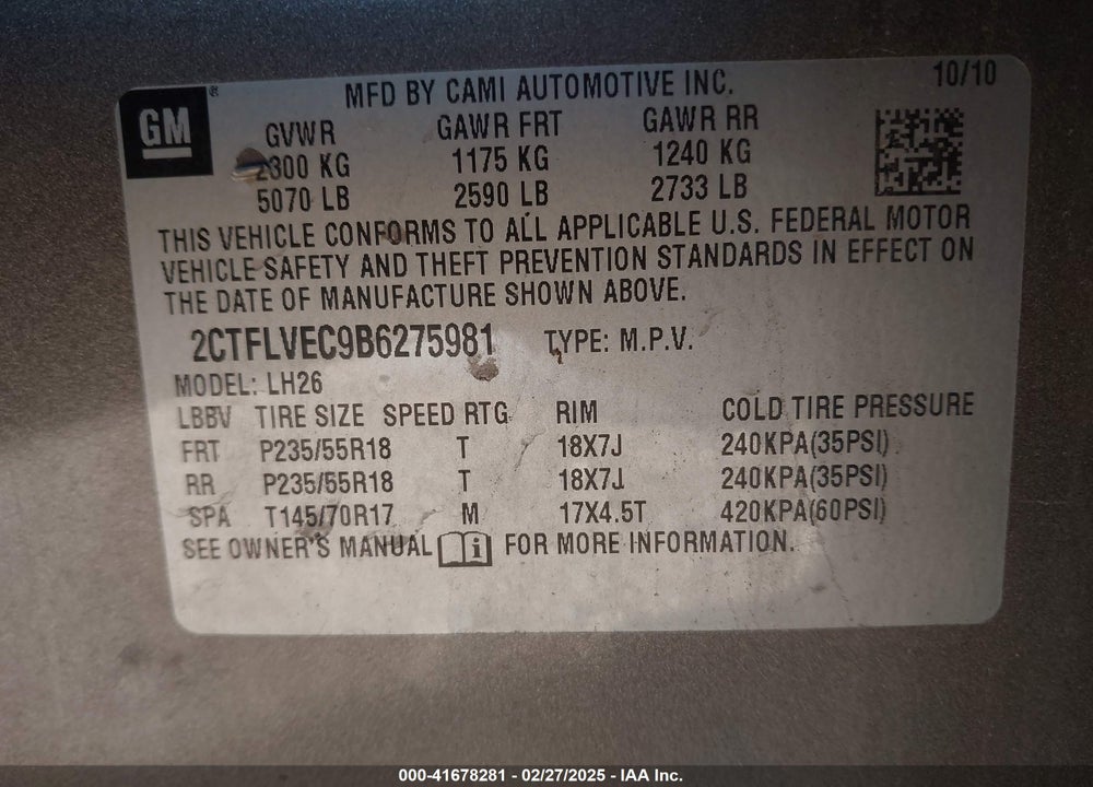 2011 GMC TERRAIN VIN: 2CTFLVEC9B6275981