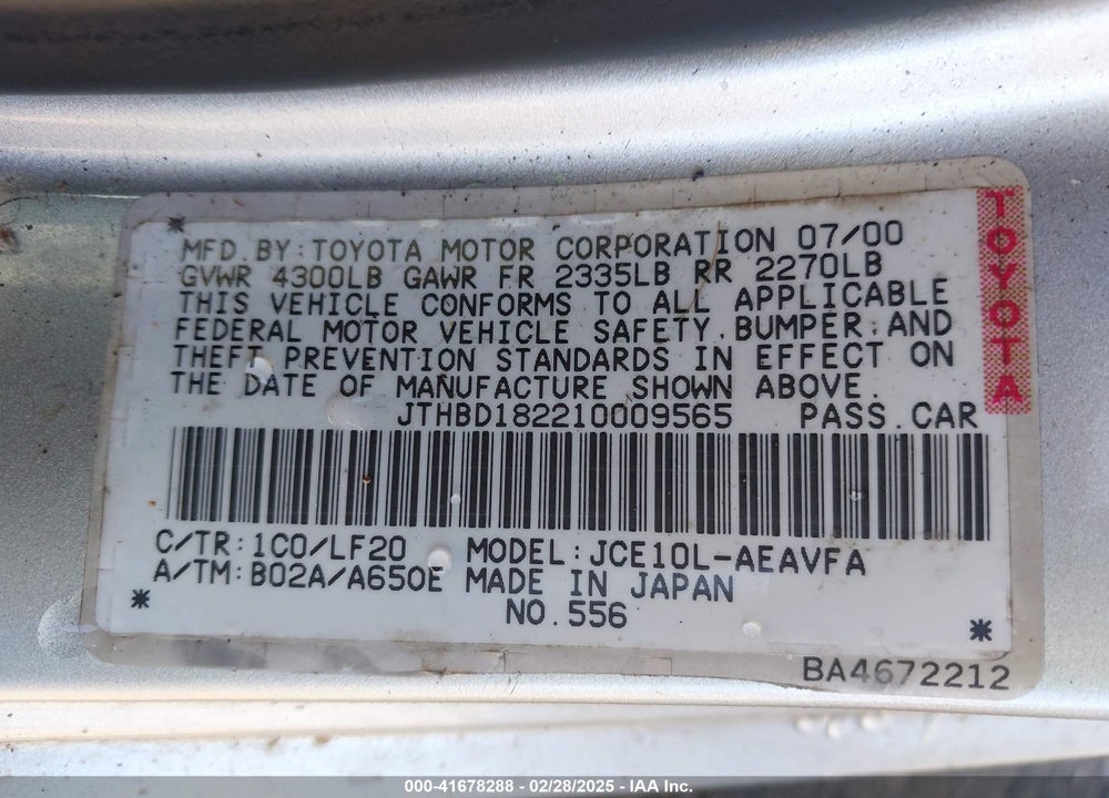 2001 LEXUS IS 300 BASE (A5) VIN: JTHBD182210009565