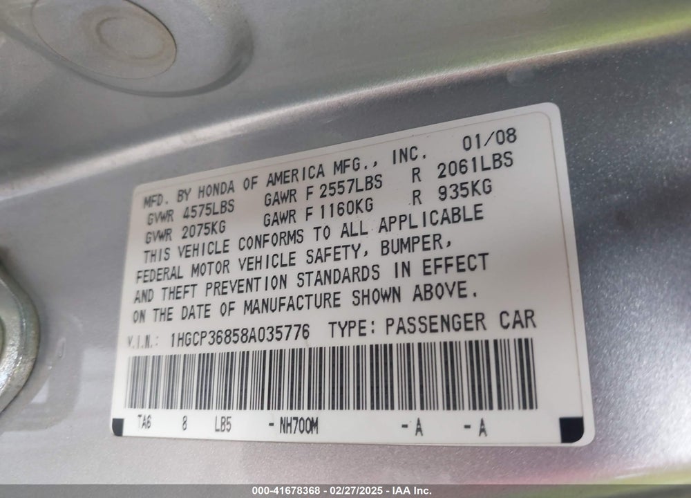 2008 HONDA ACCORD VIN: 1HGCP36858A035776