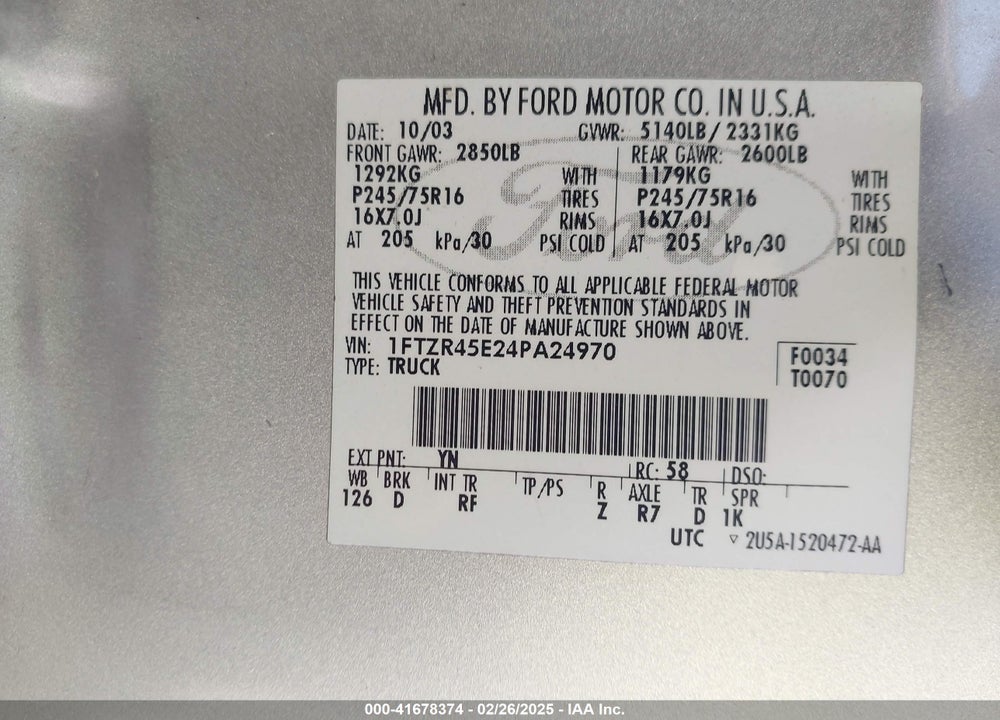 2004 FORD RANGER EDGE/TREMOR/XLT VIN: 1FTZR45E24PA24970