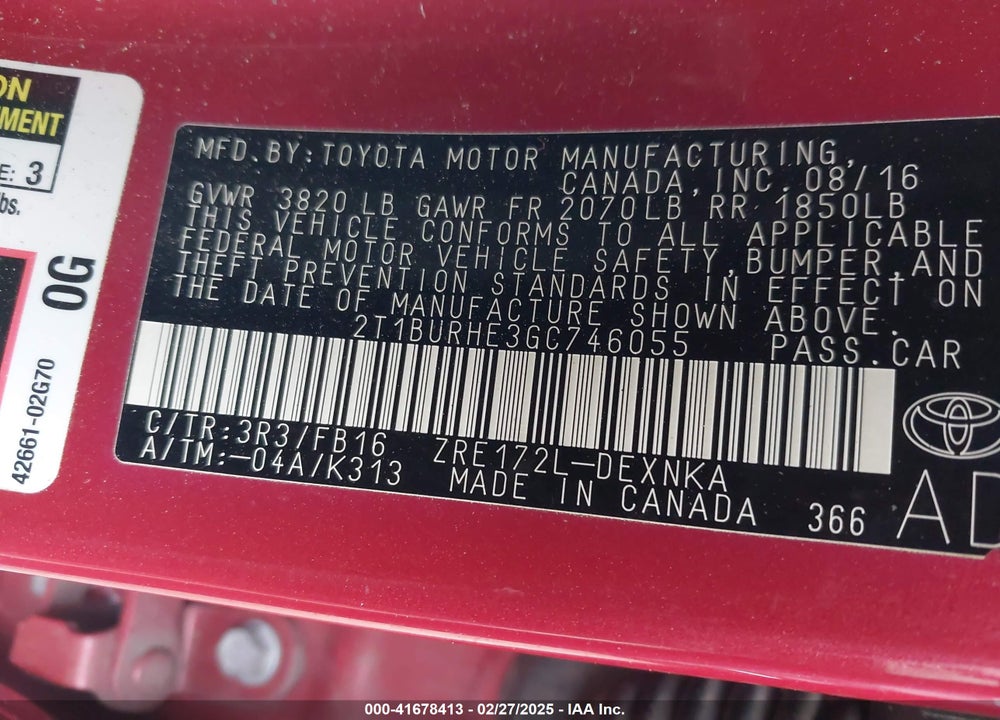 2016 TOYOTA COROLLA VIN: 2T1BURHE3GC746055