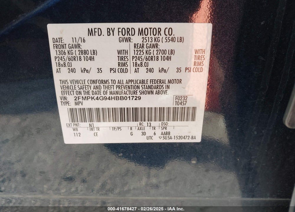 2017 FORD EDGE SE VIN: 2FMPK4G94HBB01729