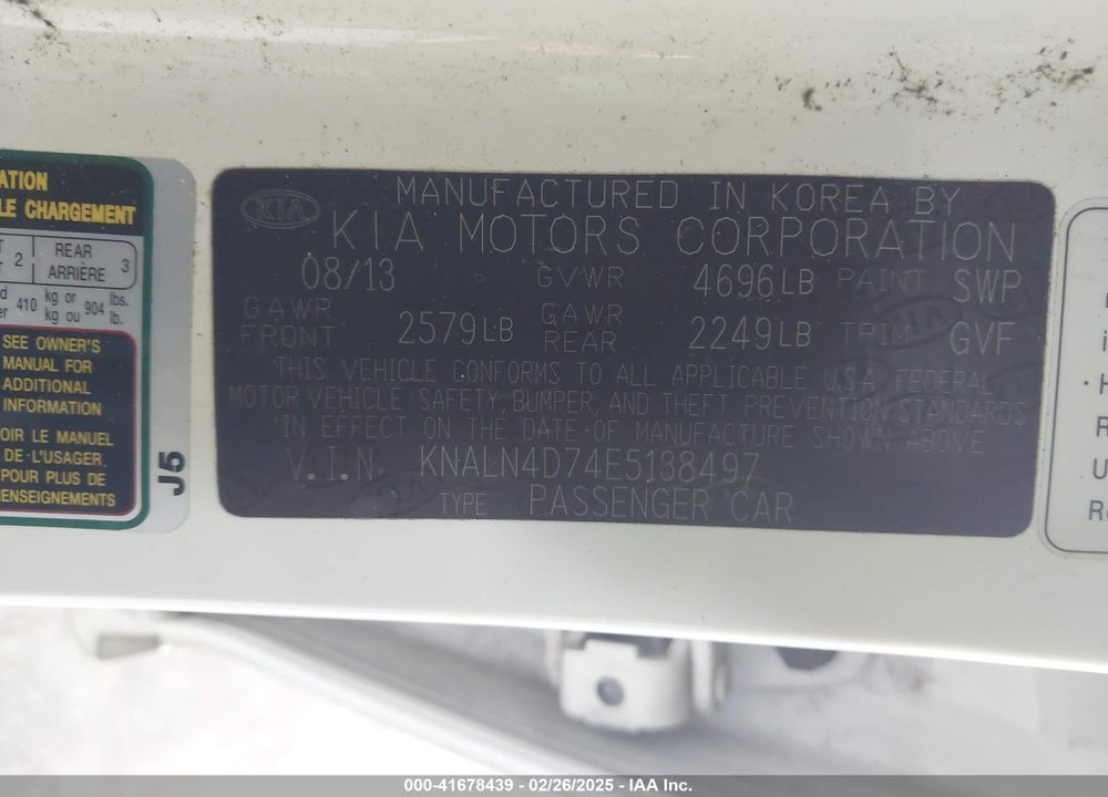 2014 KIA CADENZA VIN: KNALN4D74E5138497