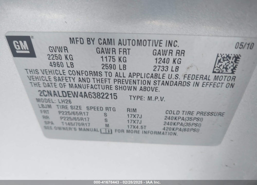 2010 CHEVROLET EQUINOX LT VIN: 2CNALDEW4A6382215