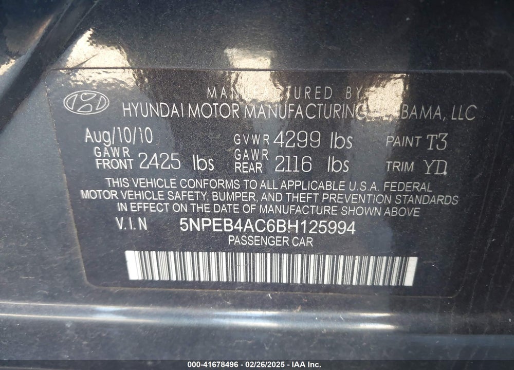 2011 HYUNDAI SONATA GLS VIN: 5NPEB4AC6BH125994