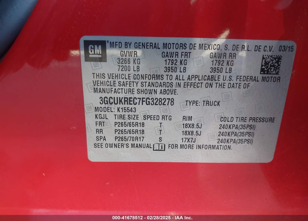 2015 CHEVROLET SILVERADO 1500 VIN: 3GCUKREC7FG328278