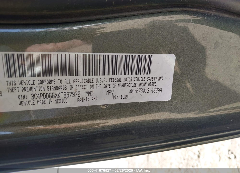 2019 DODGE JOURNEY VIN: 3C4PDDGGXKT837972