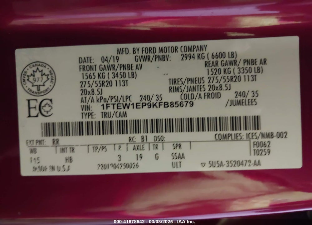 2019 FORD F-150 LARIAT VIN: 1FTEW1EP9KFB85679