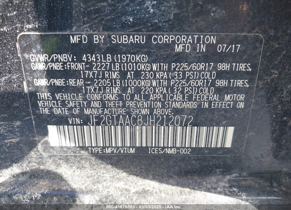 2018 SUBARU CROSSTREK 2.0I VIN: JF2GTAAC8JH212072