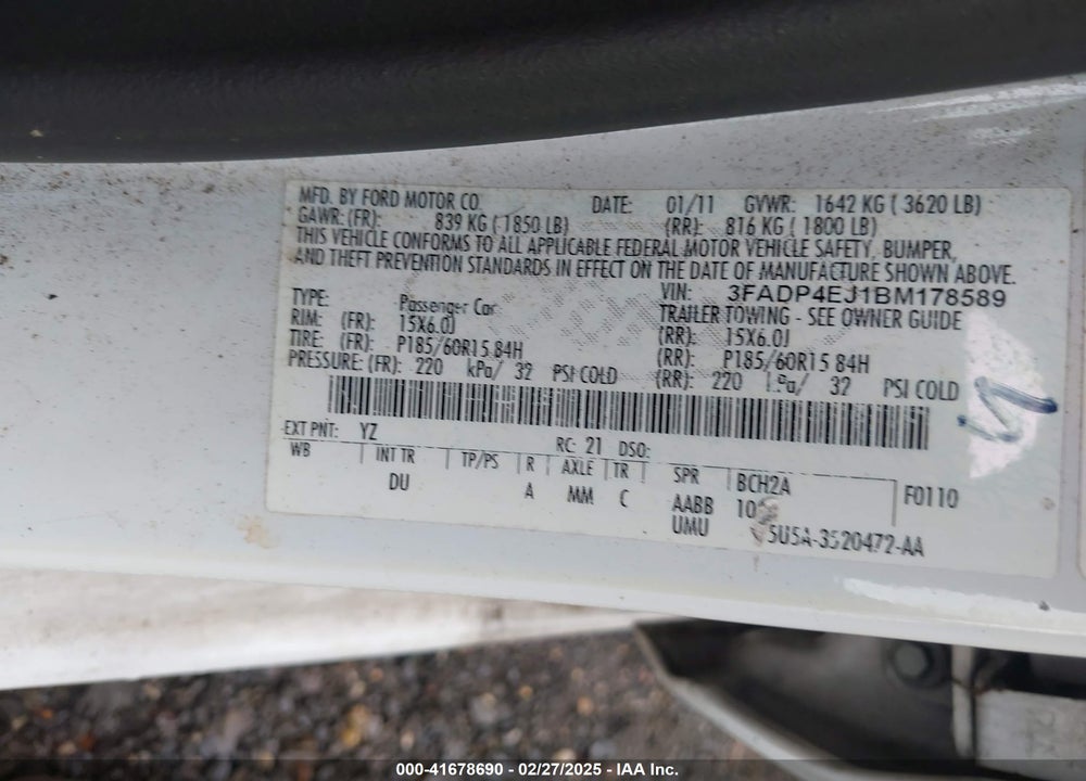 2011 FORD FIESTA VIN: 3FADP4EJ1BM178589