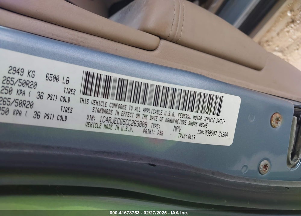 2012 JEEP GRAND CHEROKEE VIN: 1C4RJECG5CC263808