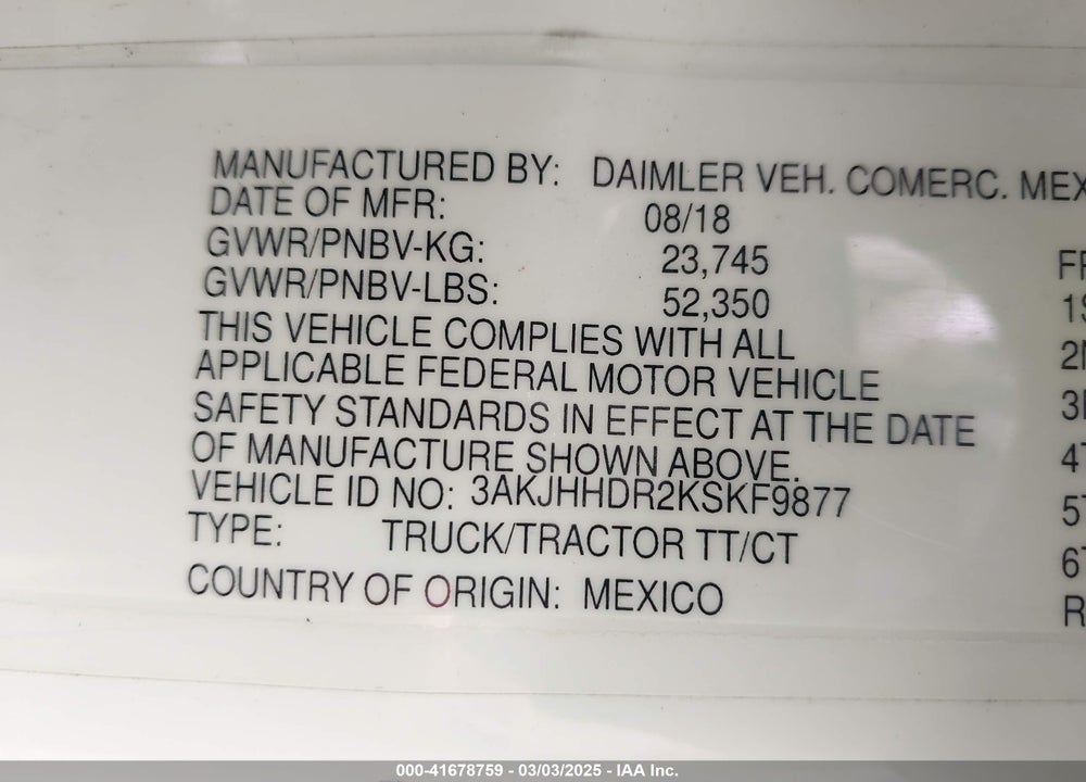 2019 FREIGHTLINER NEW CASCADIA 126 VIN: 3AKJHHDR2KSKF9877
