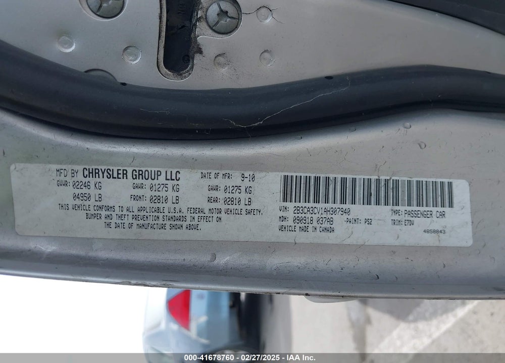 2010 DODGE CHARGER VIN: 2B3CA3CV1AH307940