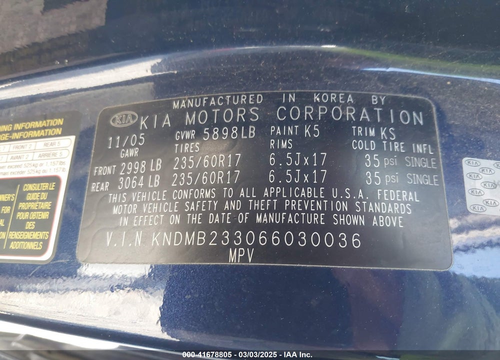 2006 KIA SEDONA EX/LX VIN: KNDMB233066030036