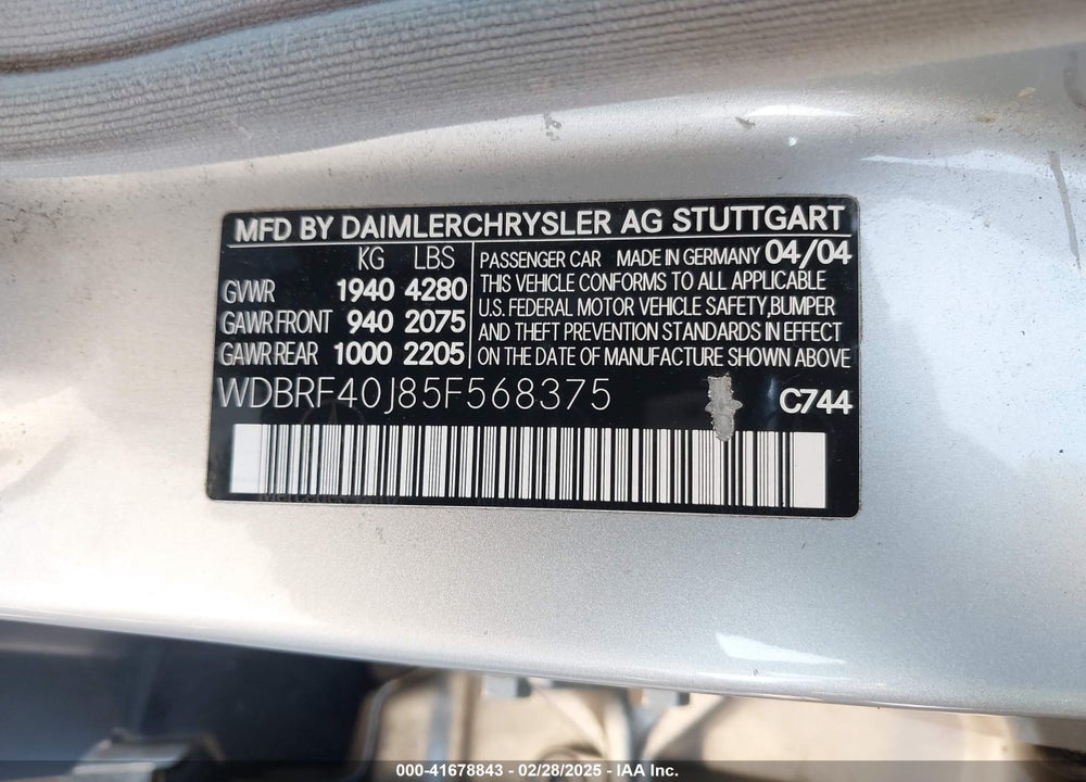 2005 MERCEDES-BENZ C 230 VIN: WDBRF40J85F568375