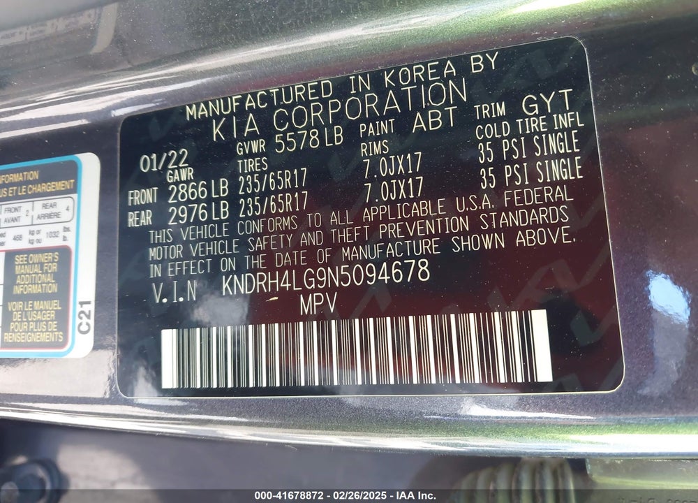 2022 KIA SORENTO HYBRID VIN: KNDRH4LG9N5094678
