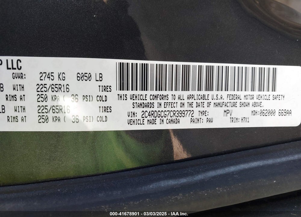 2012 DODGE GRAND CARAVAN VIN: 2C4RDGCG7CR399772