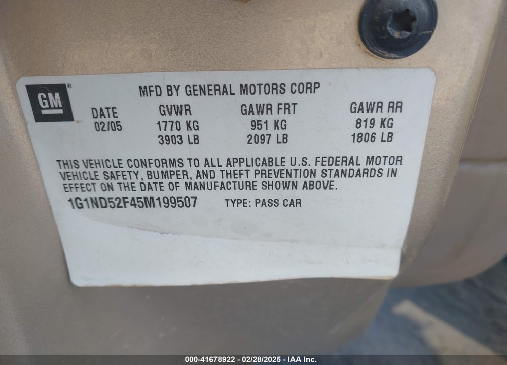 2005 CHEVROLET CLASSIC VIN: 1G1ND52F45M199507