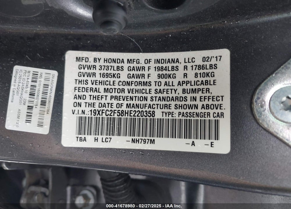 2017 HONDA CIVIC VIN: 19XFC2F58HE220358