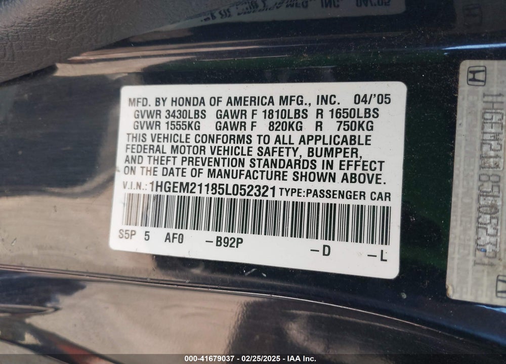 2005 HONDA CIVIC VP VIN: 1HGEM21185L052321