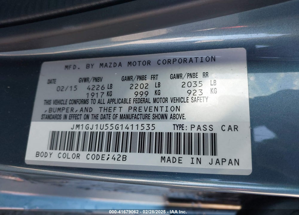 2016 MAZDA MAZDA6 VIN: JM1GJ1U55G1411535