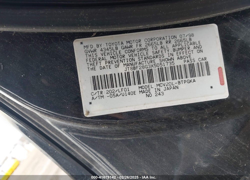 1999 LEXUS ES 300 VIN: JT8BF28G3X5051735