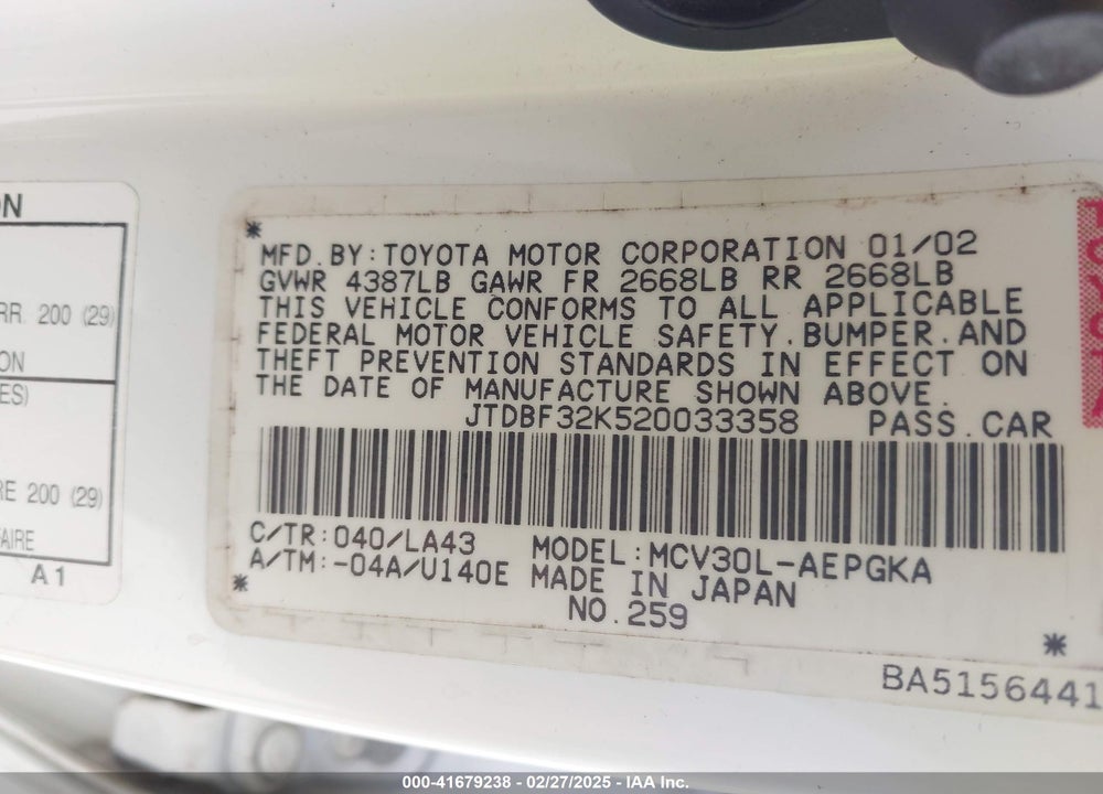 2002 TOYOTA CAMRY XLE V6 VIN: JTDBF32K520033358