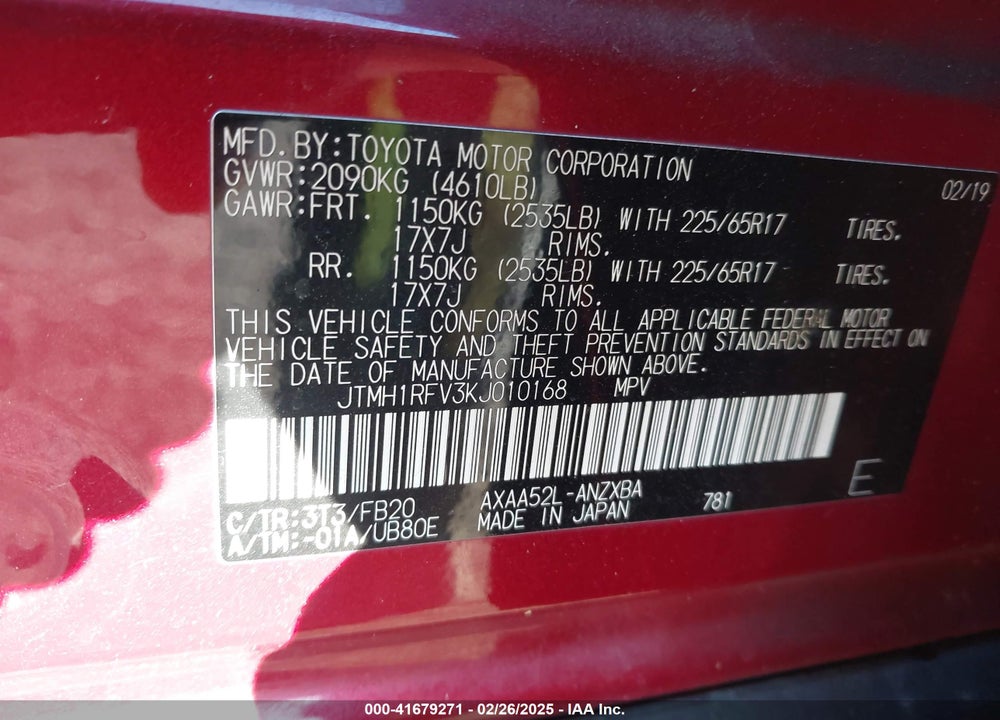 2019 TOYOTA RAV4 VIN: JTMH1RFV3KJ010168