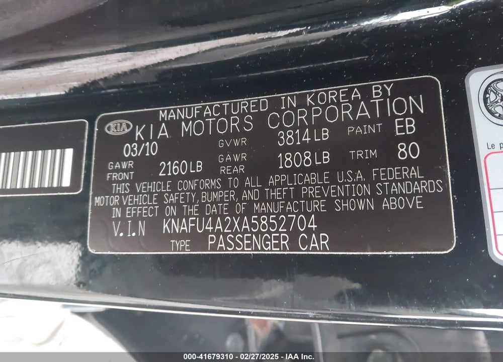 2010 KIA FORTE VIN: KNAFU4A2XA5852704