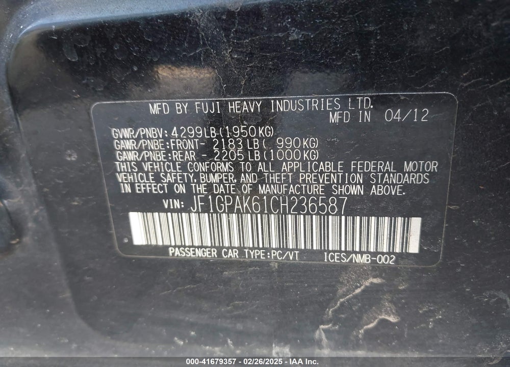 2012 SUBARU IMPREZA VIN: JF1GPAK61CH236587