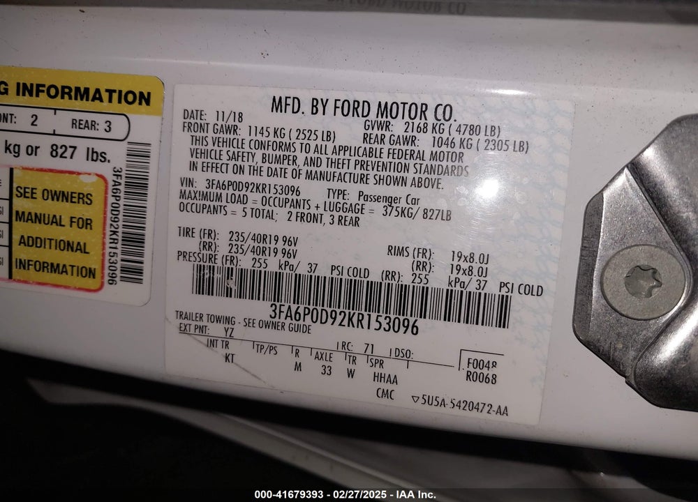 2019 FORD FUSION VIN: 3FA6P0D92KR153096