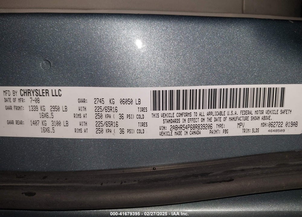 2008 CHRYSLER TOWN & COUNTRY VIN: 2A8HR54P68R839206