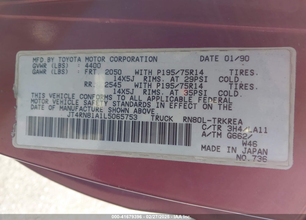 1990 TOYOTA PICKUP 1/2 TON SHORT WHEELBASE VIN: JT4RN81A1L5065753