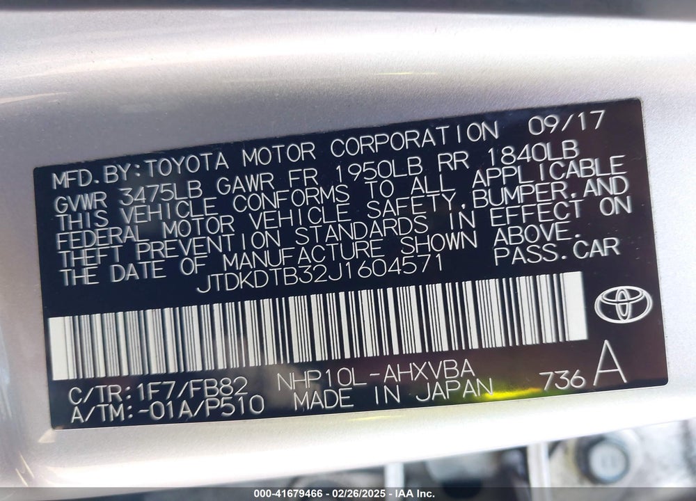 2018 TOYOTA PRIUS C VIN: JTDKDTB32J1604571