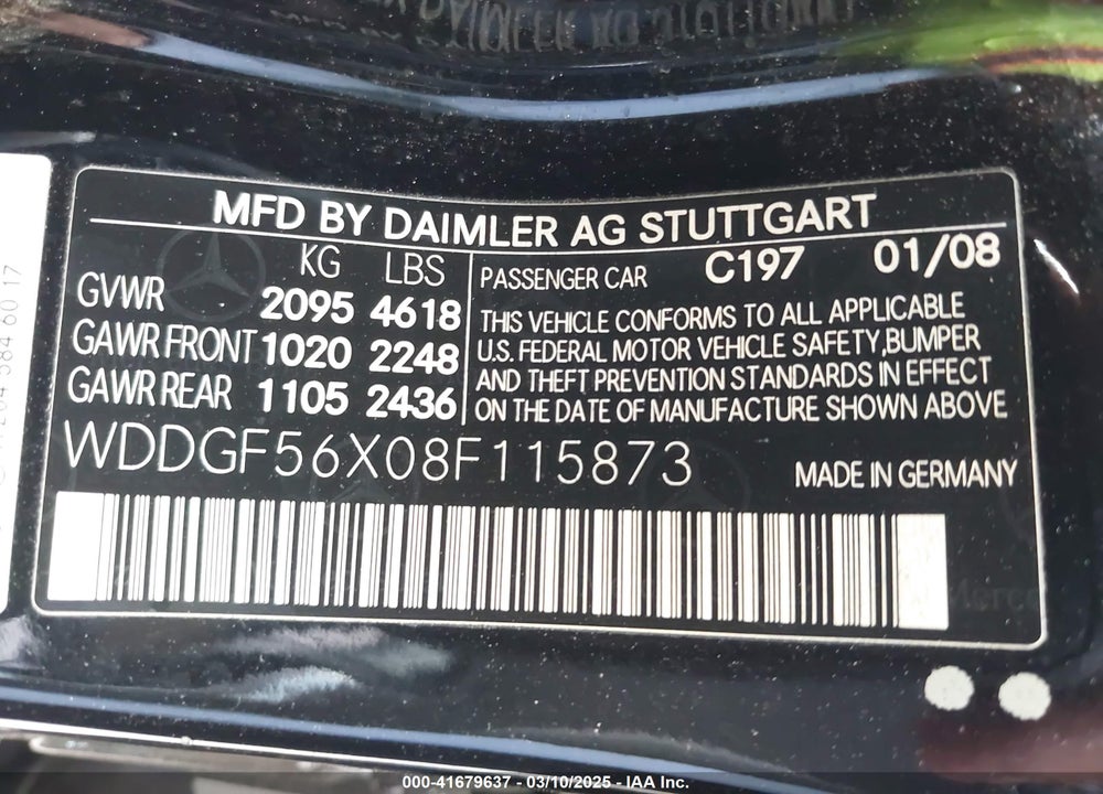 2008 MERCEDES-BENZ C 350 VIN: WDDGF56X08F115873