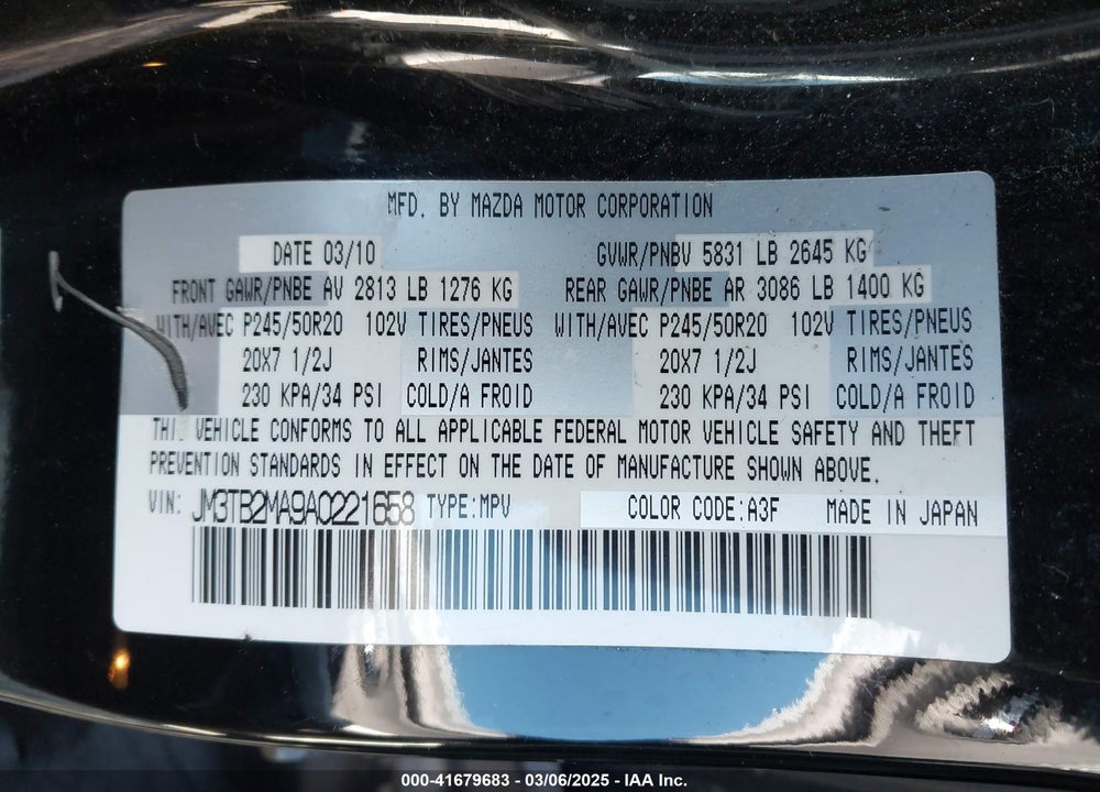 2010 MAZDA CX-9 VIN: JM3TB2MA9A0221658