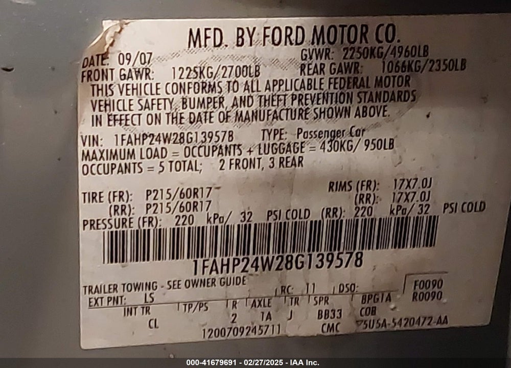 2008 FORD TAURUS SEL VIN: 1FAHP24W28G139578