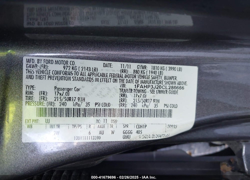 2012 FORD FOCUS VIN: 1FAHP3J20CL286666